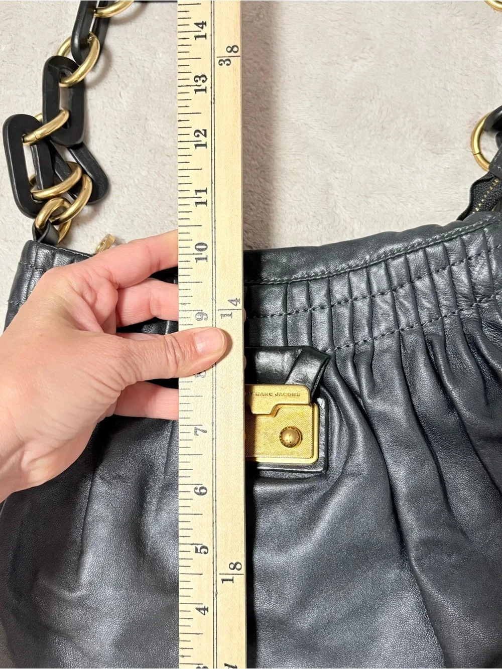 Marc By Marc Jacobs Single Strap Metallic‎ Hobo Handbag Gray Black Leather Chain